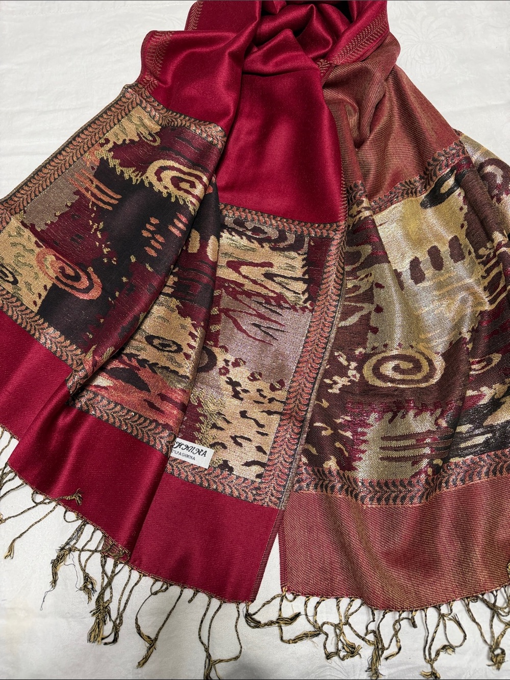 pashmina Burgundy and Metallic Gold Woven Pattern Scarf/Wrap